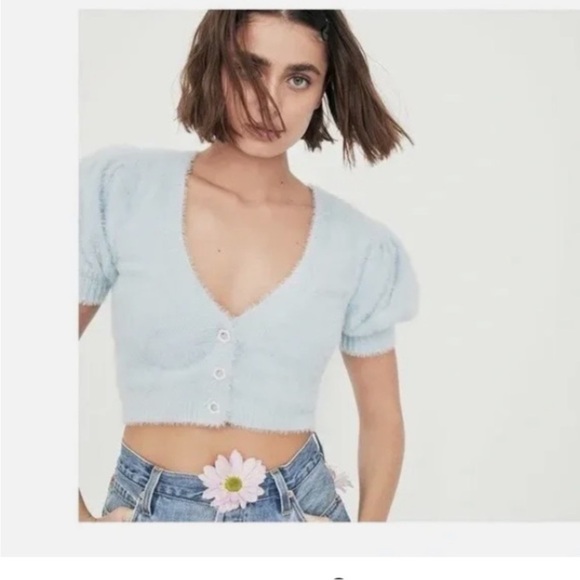 For Love And Lemons Sweaters - For Love & Lemons Devon Cropped Cardigan  Fuzzy Sweater baby blue size XS